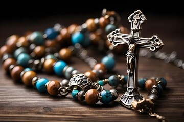 Holy catholic rosary and a cross - Text space

