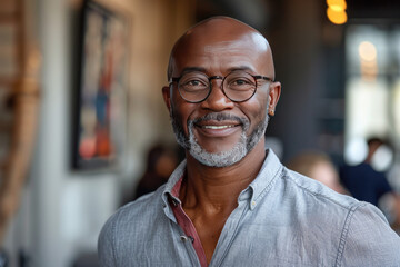 Portrait of a smiling senior African American man with glasses standing in a coffee shop. A middle aged black male, wearing a grey shirt and looking at the camera. Created with Ai