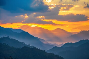 Obraz premium Capture the fleeting beauty of a mountain range at sunset, with the sky ablaze in a riot of colors and the last rays of light illuminating, Generative AI