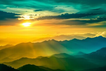 Obraz premium Capture the fleeting beauty of a mountain range at sunset, with the sky ablaze in a riot of colors and the last rays of light illuminating, Generative AI