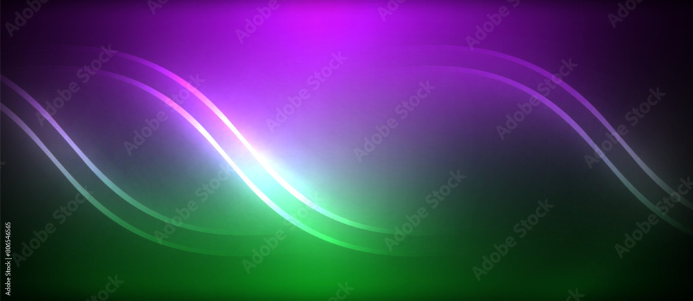 Poster A mesmerizing visual effect of a purple and green wave on a black background with hints of violet and magenta, resembling a cosmic pattern in the sky