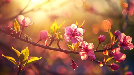 A detailed view of a branch covered in vibrant pink flowers - Powered by Adobe