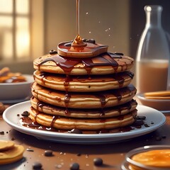 Stack of pancakes with caramel syrup