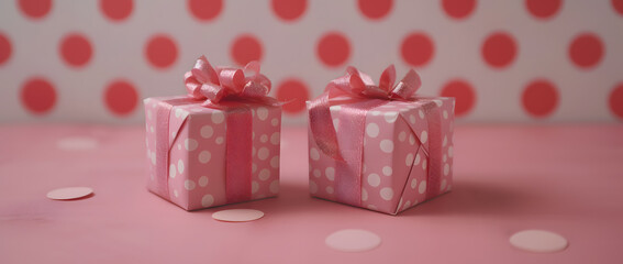 Two Pink Polka-Dotted Gift Boxes on Patterned Background