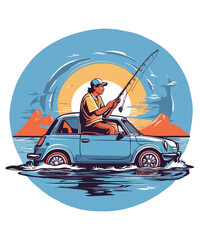 A fisherman catches fish with a fishing rod illustration
