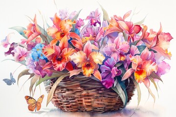 Obraz premium Beautiful hand drawn watercolor of a basket adorned with a bouquet of Cattleya orchids and butterflies, depicted in vibrant pastels on a white background