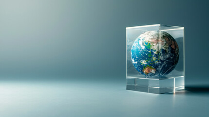 A clear cube with a globe inside of it