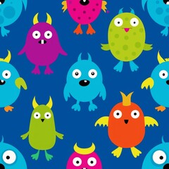 Seamless pattern of whimsical monsters and creatures, each hand-drawn with quirky charm and vibrant colors, adding a playful touch to your gift wrap, Generative AI