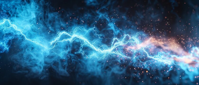 Electric blue sparks flying over a steel gray background illustrating high voltage electricity and energy in technology