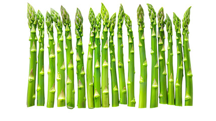 A horizontal view of a bunch of asparagus on a rustic plate isolated on a plain background or PNG for food type poster or graphic use, Generative AI.