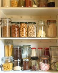 recycled reusable glass jars on pantry shelf with food at home in kitchen