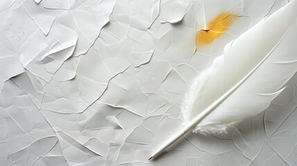 A panoramic view of a modern, white feather quill pen, its tip dipped in golden ink, set against a...
