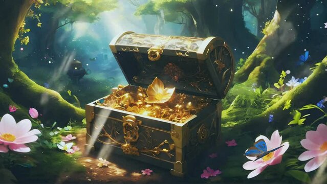 gold treasure chest box with jewelry and gold coins in the middle of a fantasy forest, Seamless looping 4k timelapse virtual video animation background
