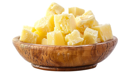 A horizontal view of a bowl of tasty butter cubes cubes isolated on a plain background or PNG for food type poster or graphic use, Generative AI.