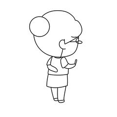 A woman with a bald head and glasses is standing in front of a white background