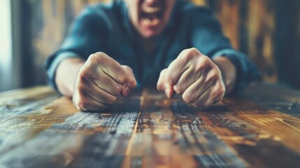 A person pounding on a table with clenched fists, expressing anger and aggression. 