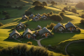 Idyllic Panorama: Serene Hobbit Houses in the Hills