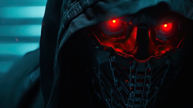 Evil skeleton robot in metal armor. Skull of futuristic evil cyborg in hood. Technology, robotics, artificial intelligence and future concept.
