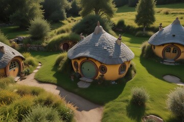 Enchanting Scene: Aerial View of Curved Window Hobbit Homes"