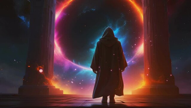 man in black robe in front of the fantasy time portal gate, Seamless looping 4k timelapse virtual video animation background