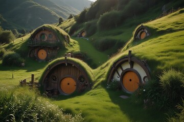 Nature's Charm: Aerial View of Cozy Hobbit Dwellings"