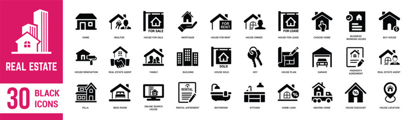 Real estate solid icons set. Real estate, building, bedroom, mortgage, business, apartment, floor plan, buy, rent and sale. Vector illustration