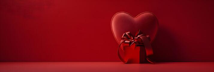 Heart-Shaped Box and Gift on Red Background