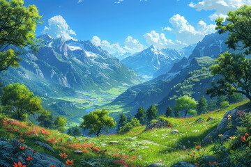 Beautiful landscape of switzerland, trees and flowers, mountains in the background. Created with Ai