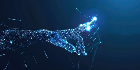 Abstract futuristic hand touching a virtual screen icon, a technology concept vector illustration with polygonal lines and glowing light effects