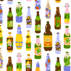 Endless pattern with bottled drinks. Carbonated water, juices, alcoholic drinks in glass and plastic bright packaging. Refreshing drinks for a party. Vector illustration