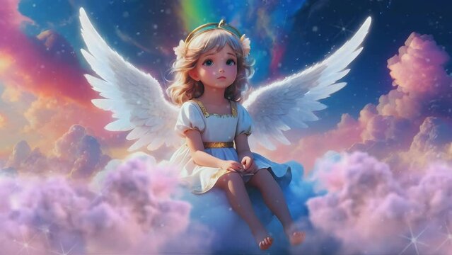 beautiful little angel sitting on a fantasy cloud, Seamless looping 4k timelapse virtual video animation background