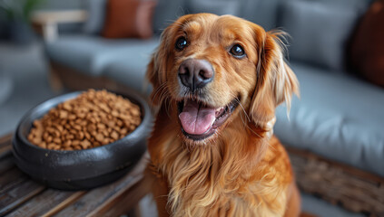 A happy golden retriever sitting next to a bowl of dog food in a professional photography on a grey background. Created with AI