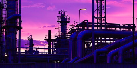 An oil refinery against a purple sky.