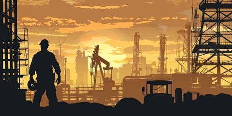 The silhouette of a worker and the production of petroleum products against the background of an orange sunset sky with chimneys.