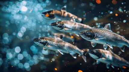 A school of salmon jumping upstream against a flow of digital data symbolizing upstream data management challenges