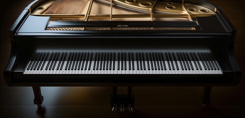 A panoramic shot of an ebony grand piano, its keys glowing softly under ambient lighting, against a...