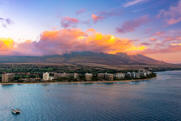 Kaanapali Beach Resort at Sunset with Colorful Clouds Over the West Maui Mountains