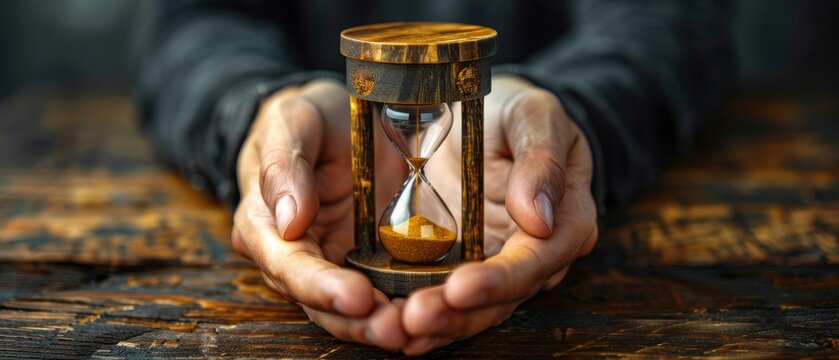 A pair of hands holding a small delicate hourglass representing the philosophical exploration of time and mortality