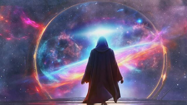 black-robed man walks towards the fantasy intergalactic portal gate, Seamless looping 4k timelapse virtual video animation background