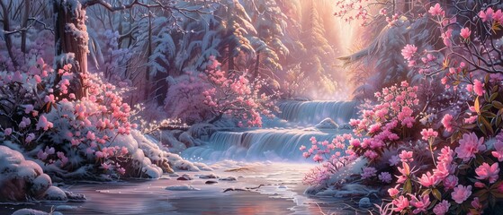 A painting of a river scene where the water flows from a frozen state into a lively Spring creek surrounded by budding flowers