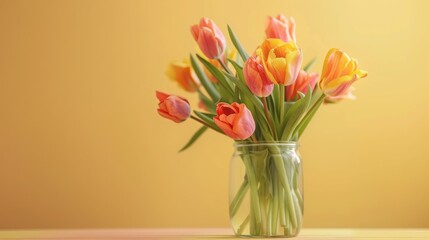 Fototapeta premium Fresh tulips and daffodils in a vase against a pink backdrop, mother's day, teachers day, fathers day, memorial day background