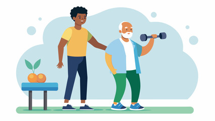 A physical the guiding a patient through a series of weightbearing exercises using body resistance and adjustable hand weights to help rebuild. Vector illustration