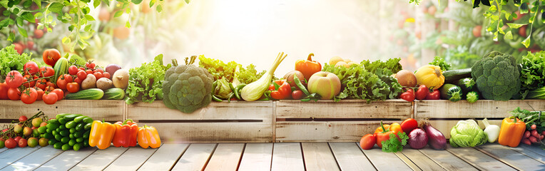 Assortment of fresh organic vegetables and fruits on wooden table against blurred green background
