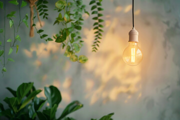 A light bulb hanging from a plant. The light is casting a shadow on the wall