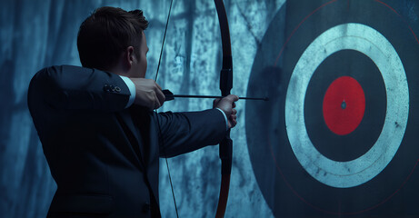 businessman aiming bow at the target board