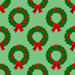 Seamless pattern of festive wreaths adorned with red bows, holly berries, and pinecones, Generative AI