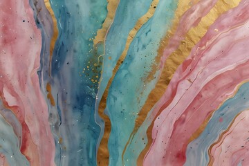 Abstract watercolor paint background illustration - Soft pastel pink blue color and golden lines,...