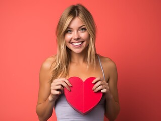 A woman is holding a red heart box and smiling