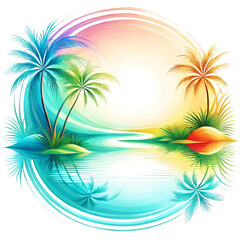 A beautiful tropical scene with a large circle in the middle that is filled with palm trees. The palm trees are of different heights, creating a lush and vibrant atmosphere.