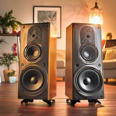 A stunning photo capturing high-end, sophisticated speakers emitting rich, clear sounds